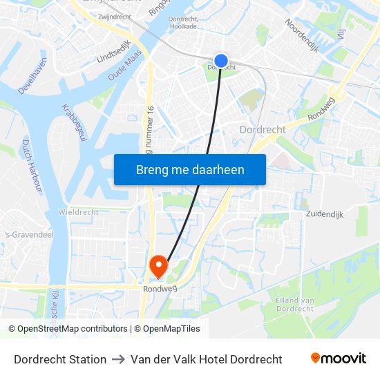 Dordrecht Station to Van der Valk Hotel Dordrecht map