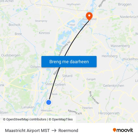 Maastricht Airport MST to Roermond map