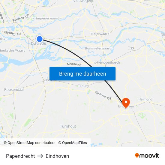 Papendrecht to Eindhoven map