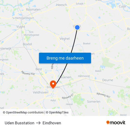 Uden Busstation to Eindhoven map