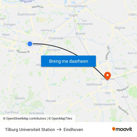 Tilburg Universiteit Station to Eindhoven map