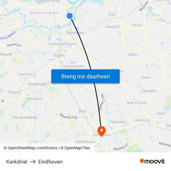 Kerkdriel to Eindhoven map