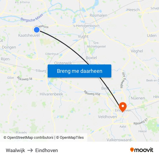 Waalwijk to Eindhoven map