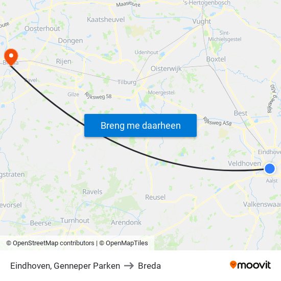 Eindhoven, Genneper Parken to Breda map