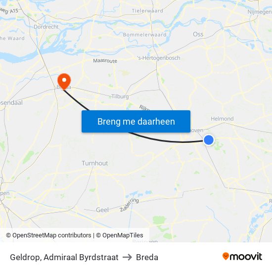 Geldrop, Admiraal Byrdstraat to Breda map