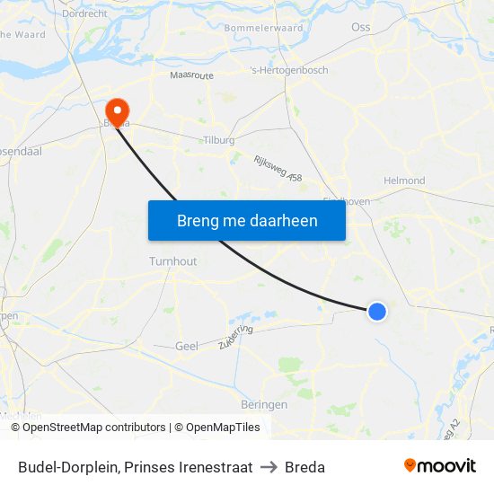 Budel-Dorplein, Prinses Irenestraat to Breda map