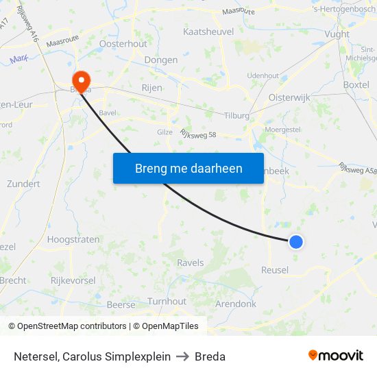 Netersel, Carolus Simplexplein to Breda map