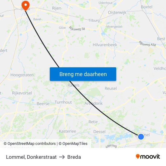 Lommel, Donkerstraat to Breda map