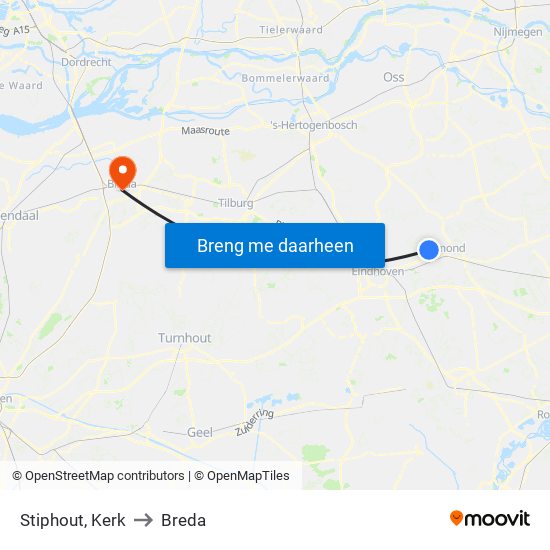 Stiphout, Kerk to Breda map