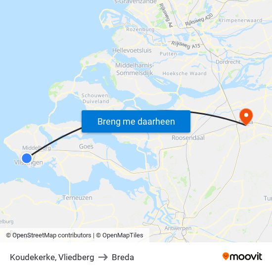 Koudekerke, Vliedberg to Breda map