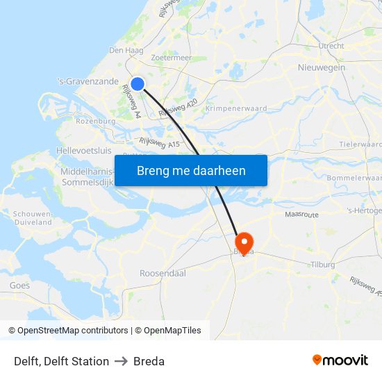 Delft, Delft Station to Breda map
