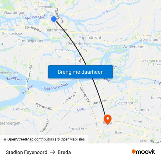 Stadion Feyenoord to Breda map