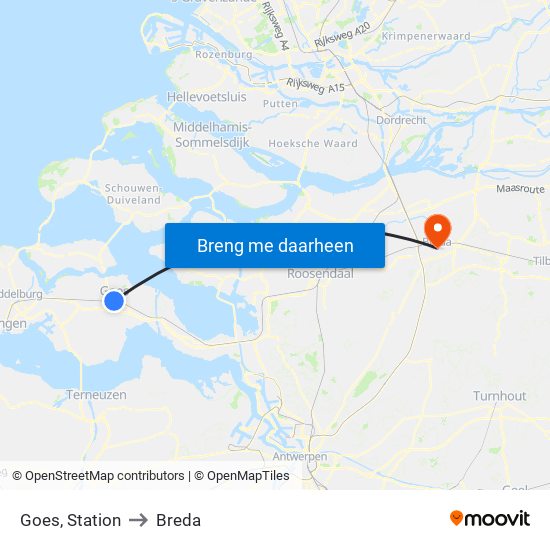 Goes, Station to Breda map