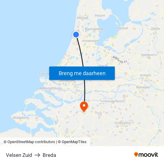 Velsen Zuid to Breda map