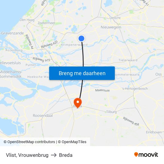 Vlist, Vrouwenbrug to Breda map