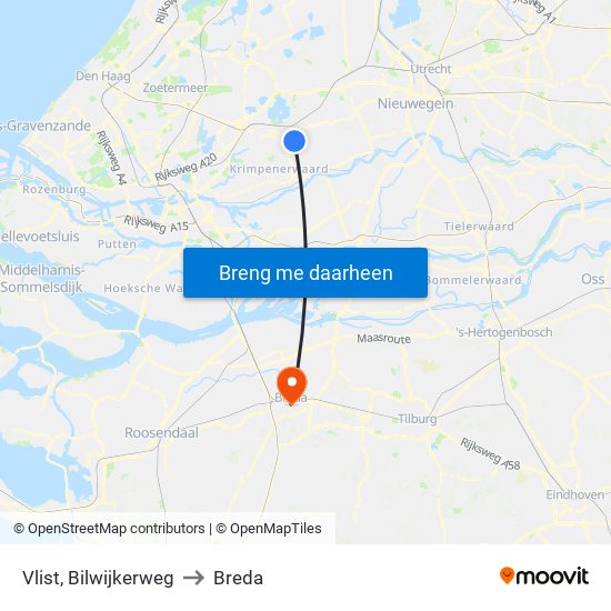 Vlist, Bilwijkerweg to Breda map