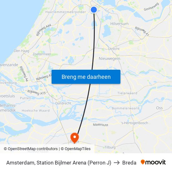 Amsterdam, Station Bijlmer Arena (Perron J) to Breda map