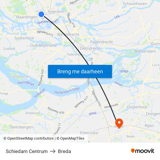Schiedam Centrum to Breda map