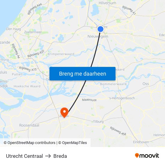 Utrecht Centraal to Breda map