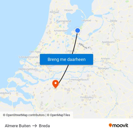 Almere Buiten to Breda map