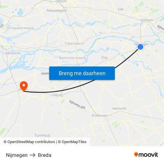 Nijmegen to Breda map