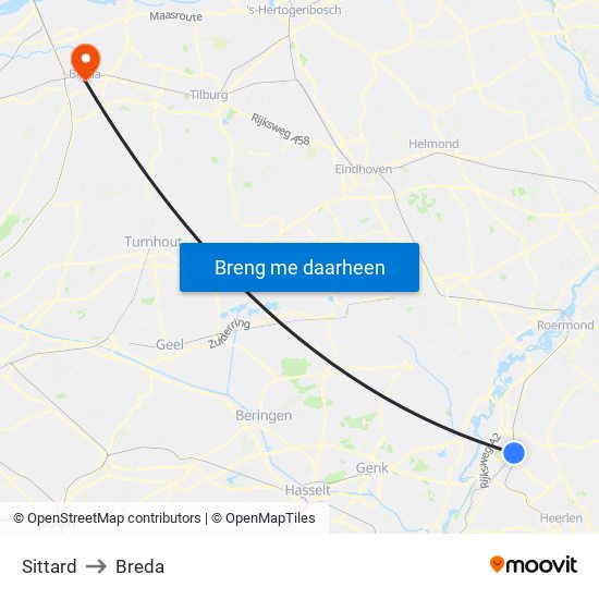 Sittard to Breda map