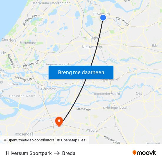 Hilversum Sportpark to Breda map