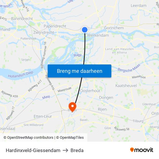 Hardinxveld-Giessendam to Breda map