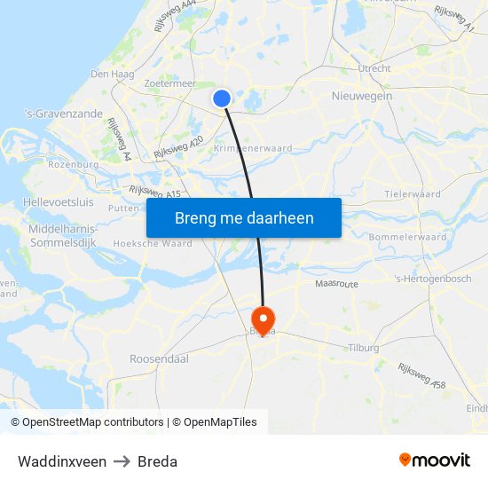 Waddinxveen to Breda map