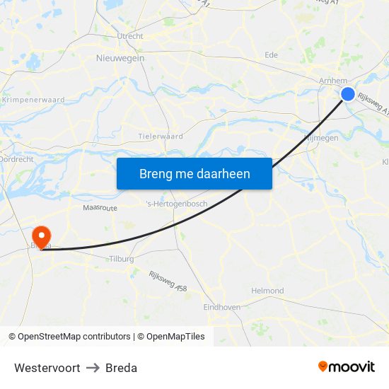 Westervoort to Breda map