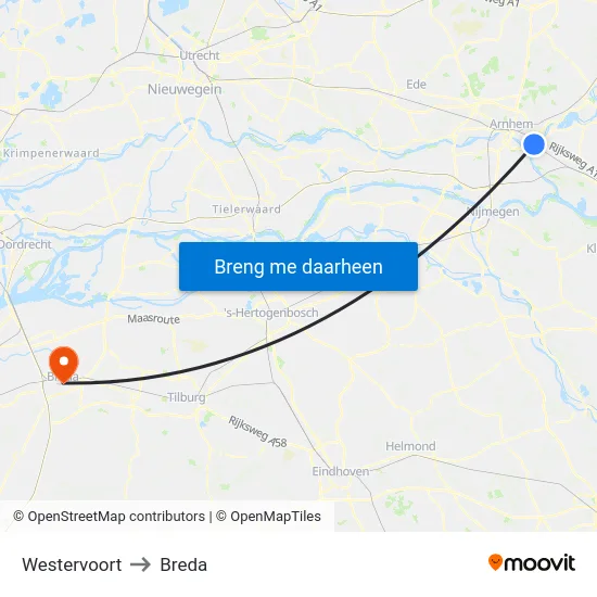Westervoort to Breda map