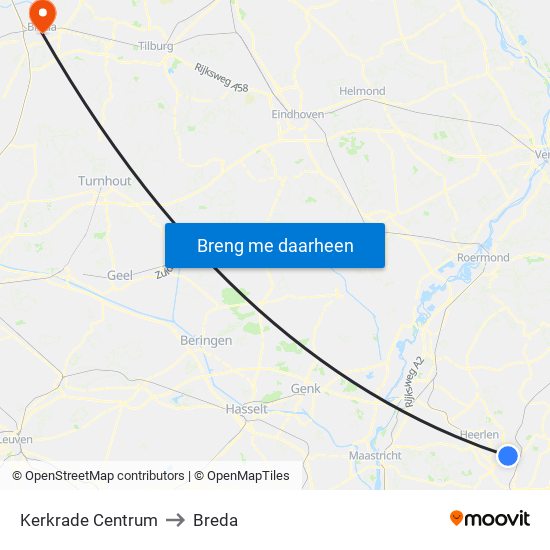 Kerkrade Centrum to Breda map