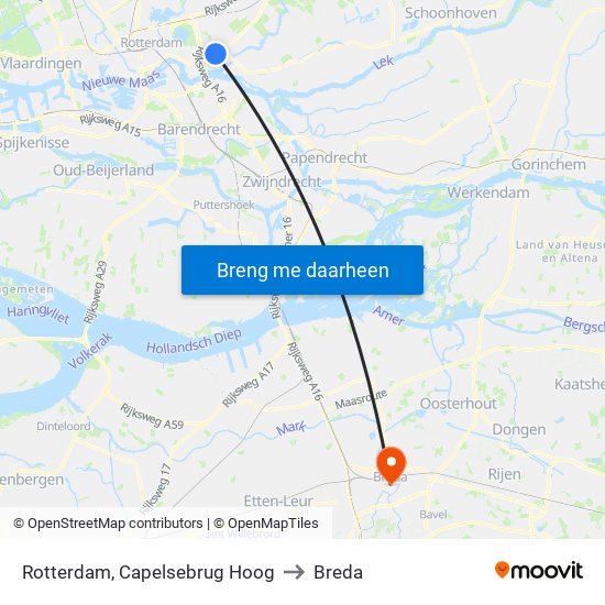 Rotterdam, Capelsebrug Hoog to Breda map
