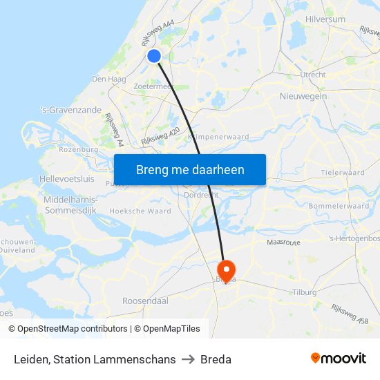 Leiden, Station Lammenschans to Breda map