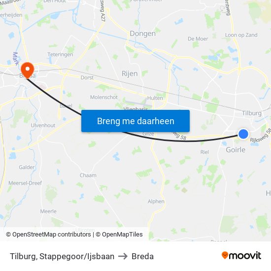 Tilburg, Stappegoor/Ijsbaan to Breda map