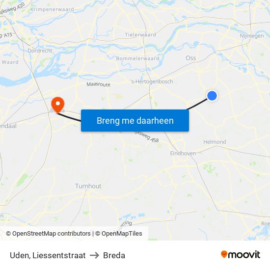 Uden, Liessentstraat to Breda map