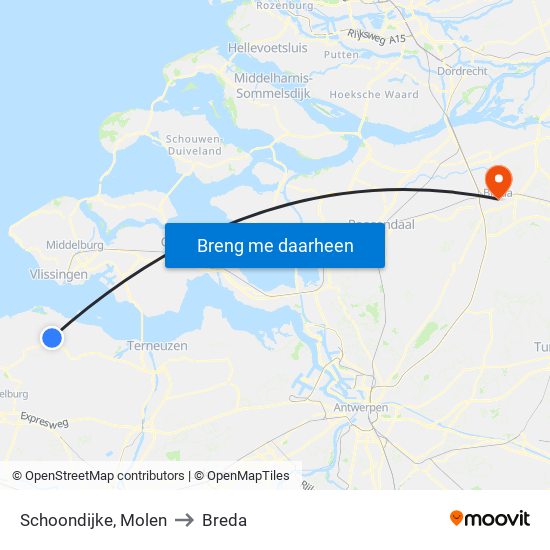 Schoondijke, Molen to Breda map