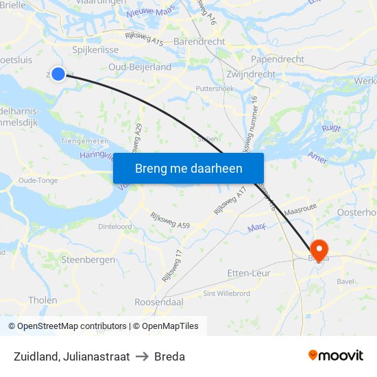 Zuidland, Julianastraat to Breda map