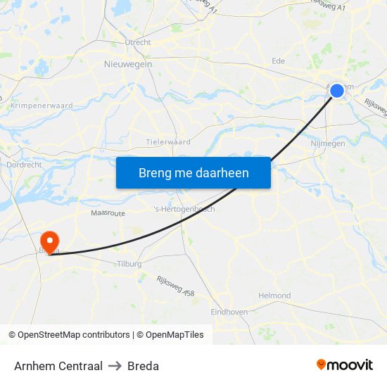 Arnhem Centraal to Breda map