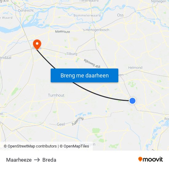 Maarheeze to Breda map