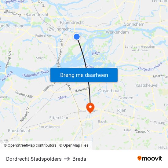 Dordrecht Stadspolders to Breda map