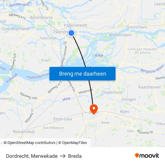 Dordrecht, Merwekade to Breda map
