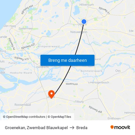 Groenekan, Zwembad Blauwkapel to Breda map