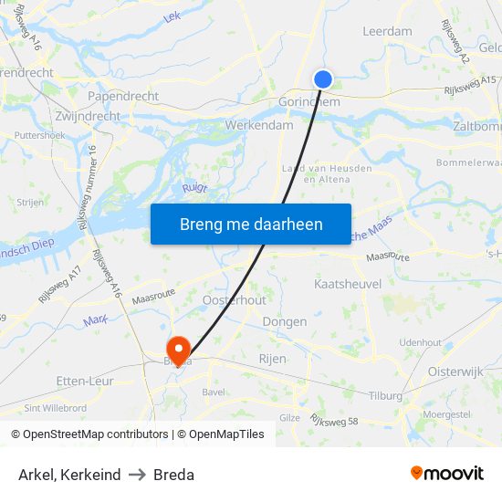 Arkel, Kerkeind to Breda map