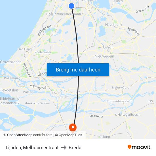 Lijnden, Melbournestraat to Breda map