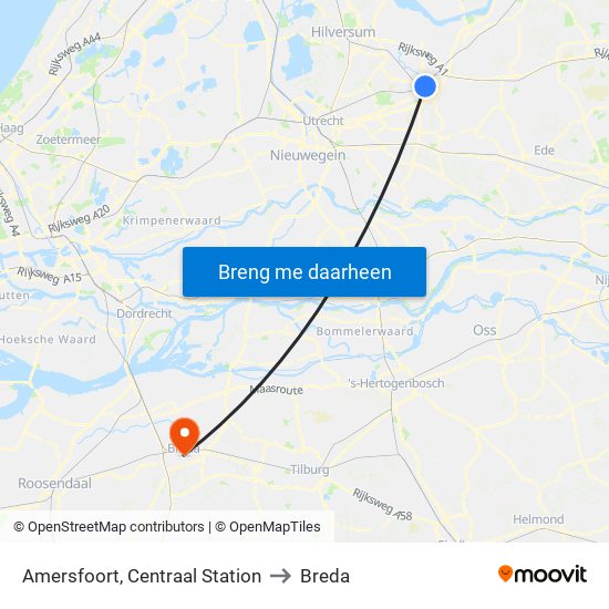 Amersfoort, Centraal Station to Breda map