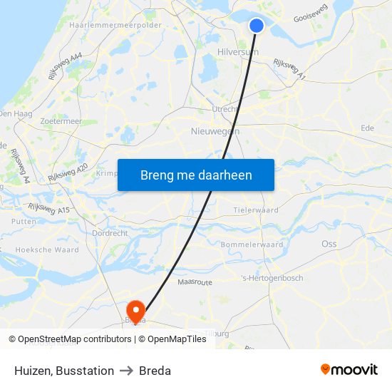 Huizen, Busstation to Breda map