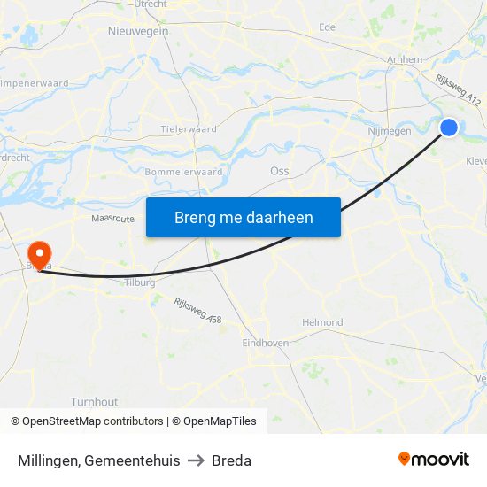 Millingen, Gemeentehuis to Breda map