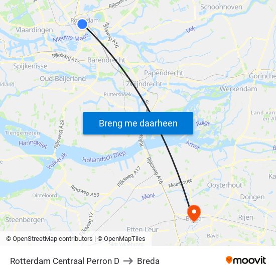 Rotterdam Centraal Perron D to Breda map