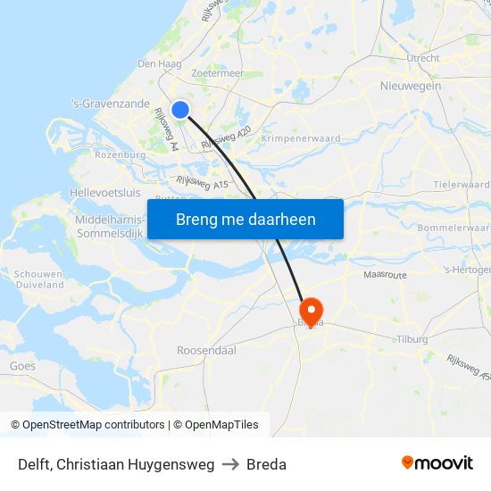 Delft, Christiaan Huygensweg to Breda map